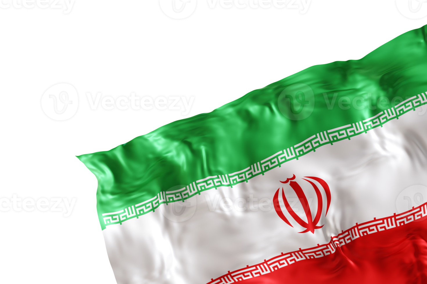 Realistic flag of Iran with folds, on transparent background. Footer, corner design element. Cut out. Perfect for patriotic themes or national event promotions. Empty, copy space. 3D render png