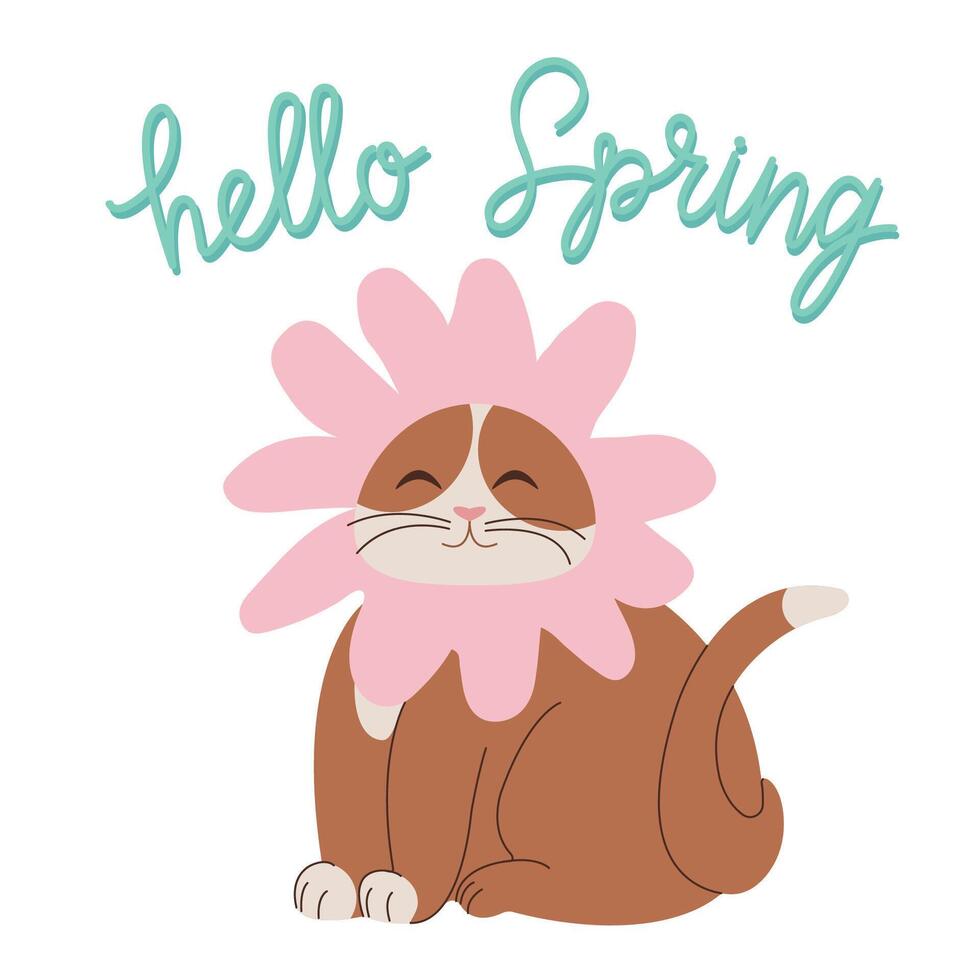 Adorable plump cat with pink flower on his head with lettering Hello Spring. Cartoon illustration isolated on white background. Design for poster, icon, card, logo, label, banner, sticker. vector