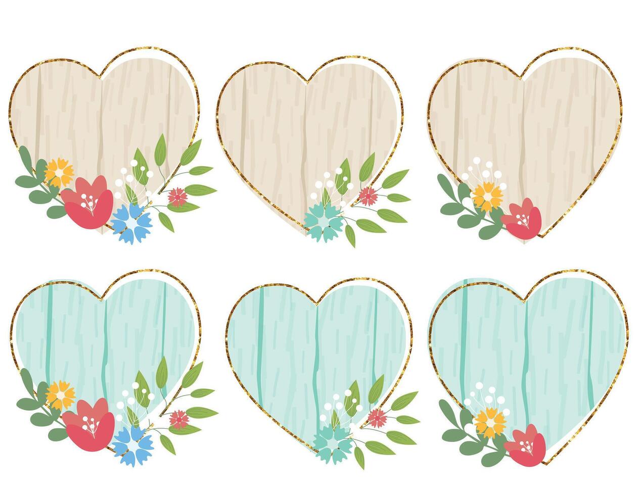 Wooden design elements set with flowers. wood board, frame, badge, label, shield, signboard collection. Brown background without text. illustration. vector