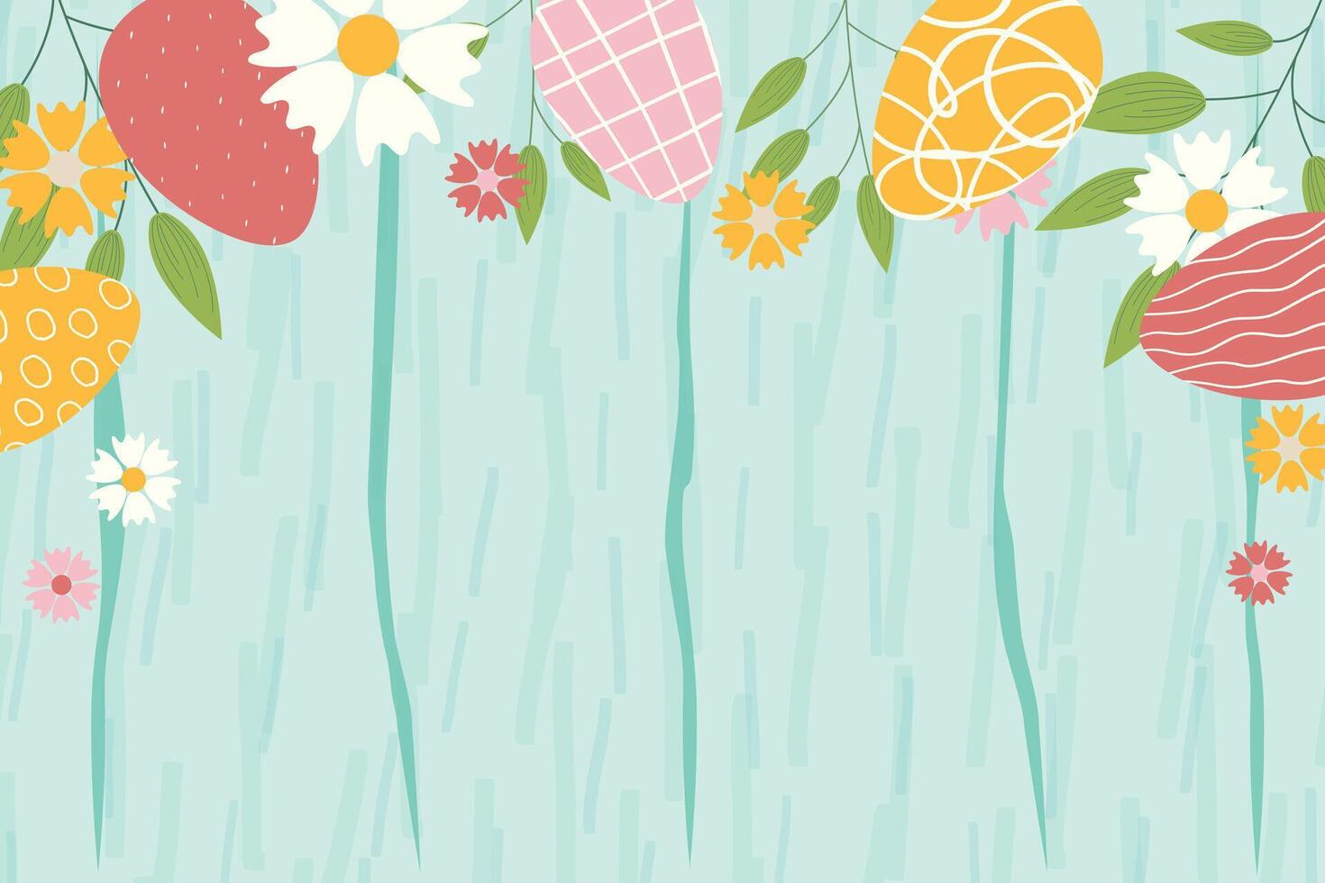 Easter background for banner, template. Trendy Easter design with flowers, eggs, in pastel colors with wooden texture on background. Flat illustration. vector