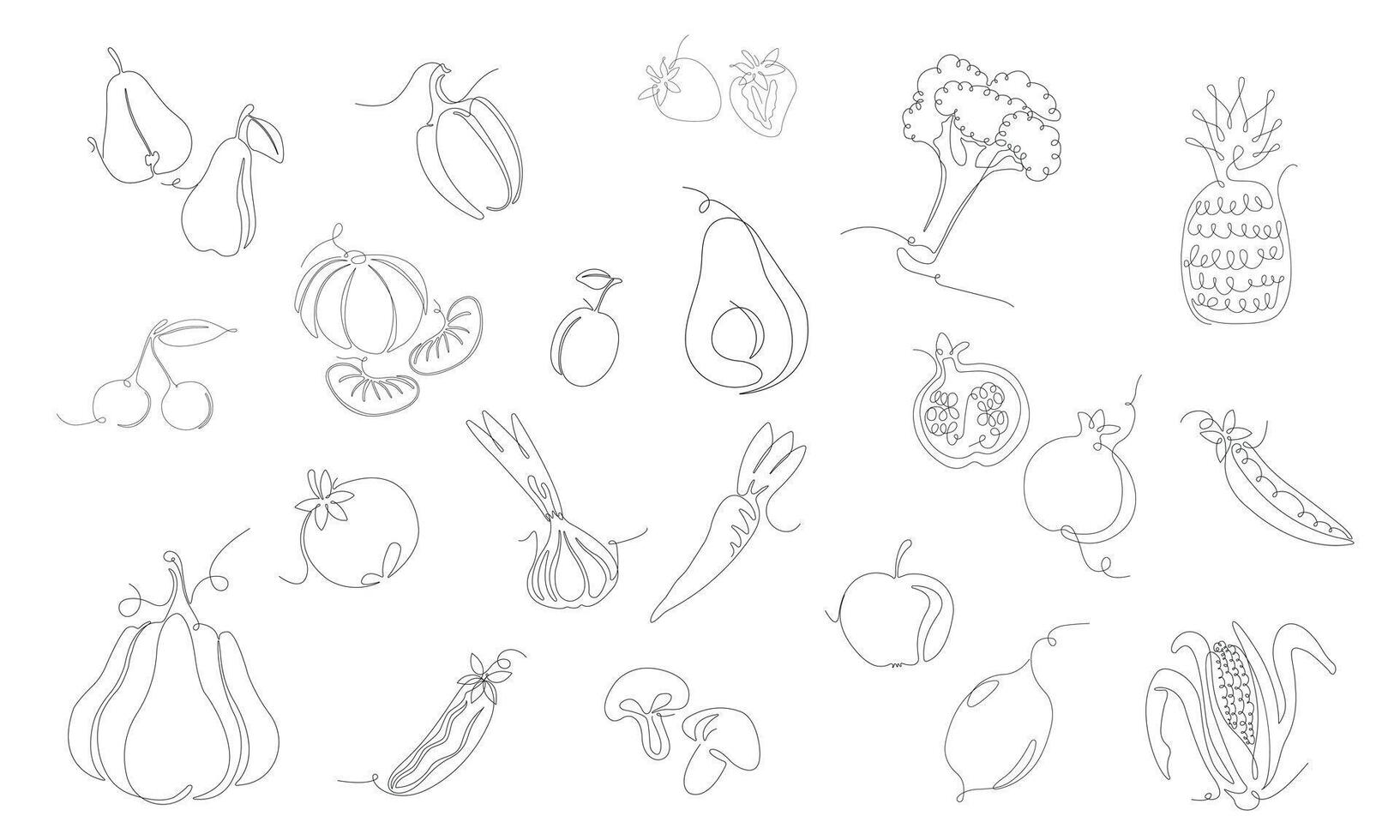 Set of outline Fruits, Vegetables and berries. illustration isolated on white background. One line art Style. Collection with organic food. Can be also used like Banner, Flyer, Texture. vector