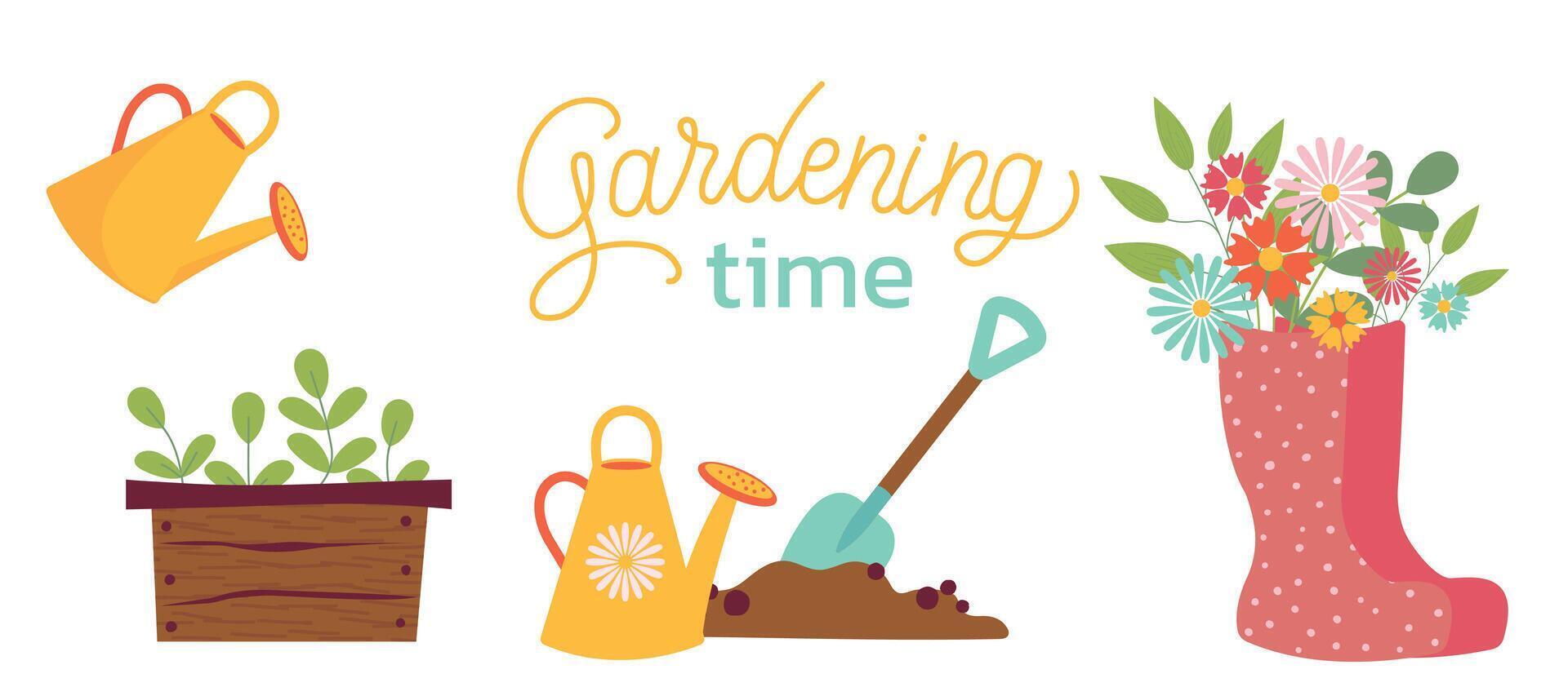 jardinería hora conjunto de ilustración. riego poder, plantas, verduras, rojo caucho botas. primavera jardinería concepto. ilustraciones en blanco antecedentes para póster, icono, tarjeta, logo, etiqueta vector