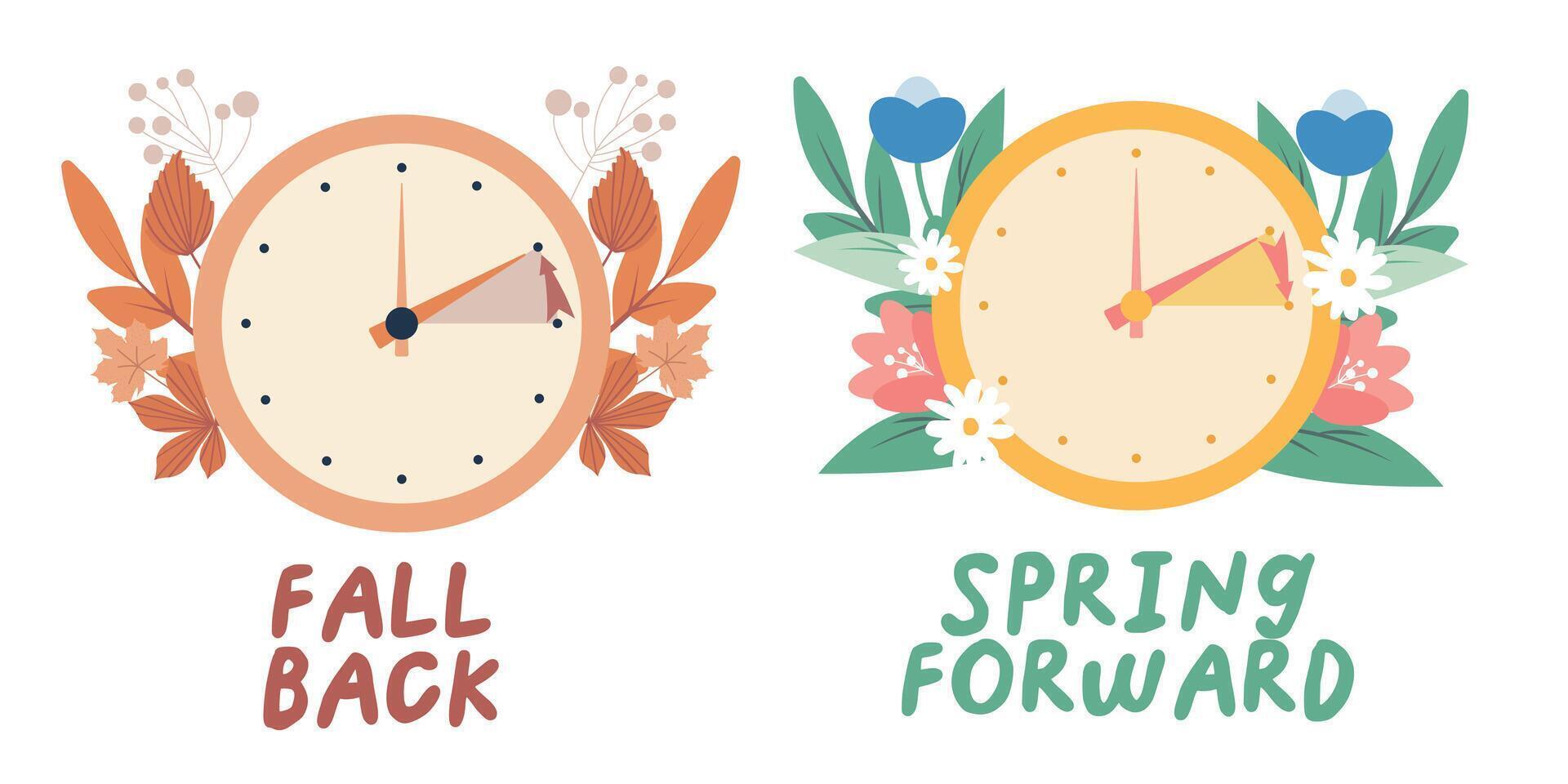 primavera adelante y otoño espalda concepto en plano estilo, cambio reloj adelante y espalda uno hora, luz ahorro hora web recordatorio bandera. minimalista estético web bandera. vector