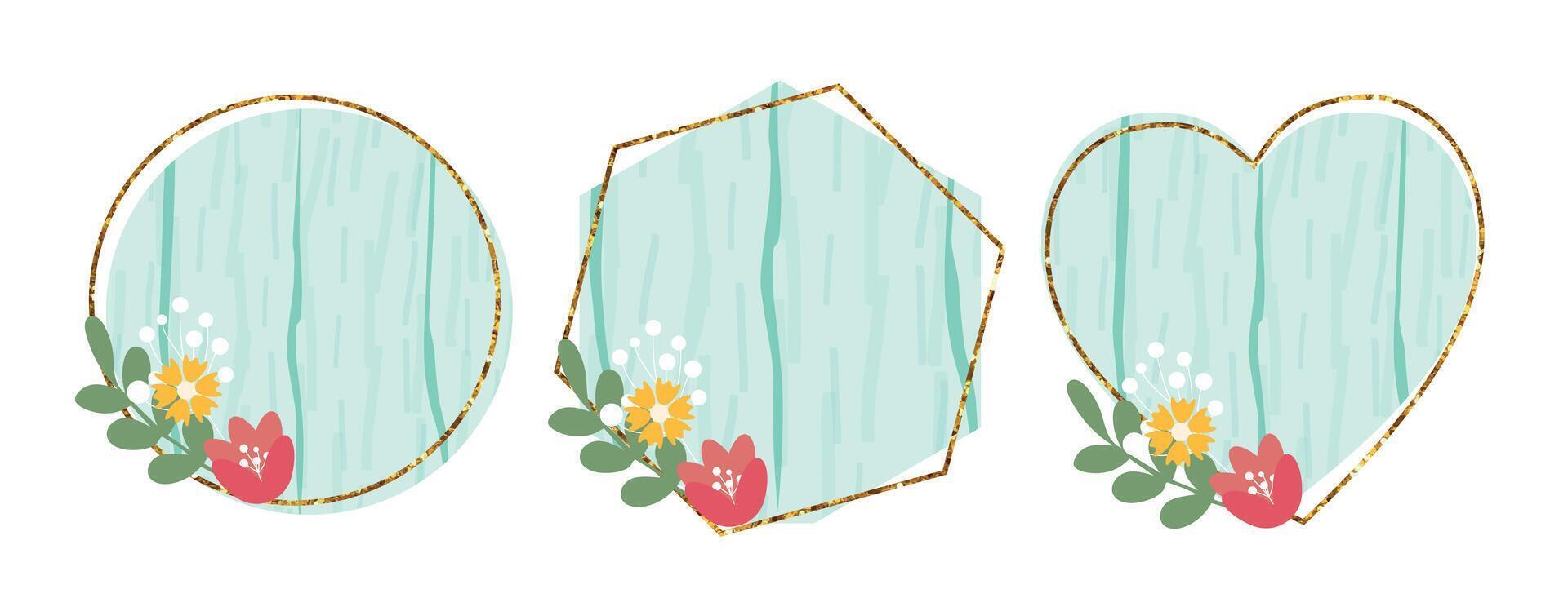 Wooden design elements set with flowers. light blue wood board, frame, badge, label, shield, signboard collection. Background without text. illustration. vector