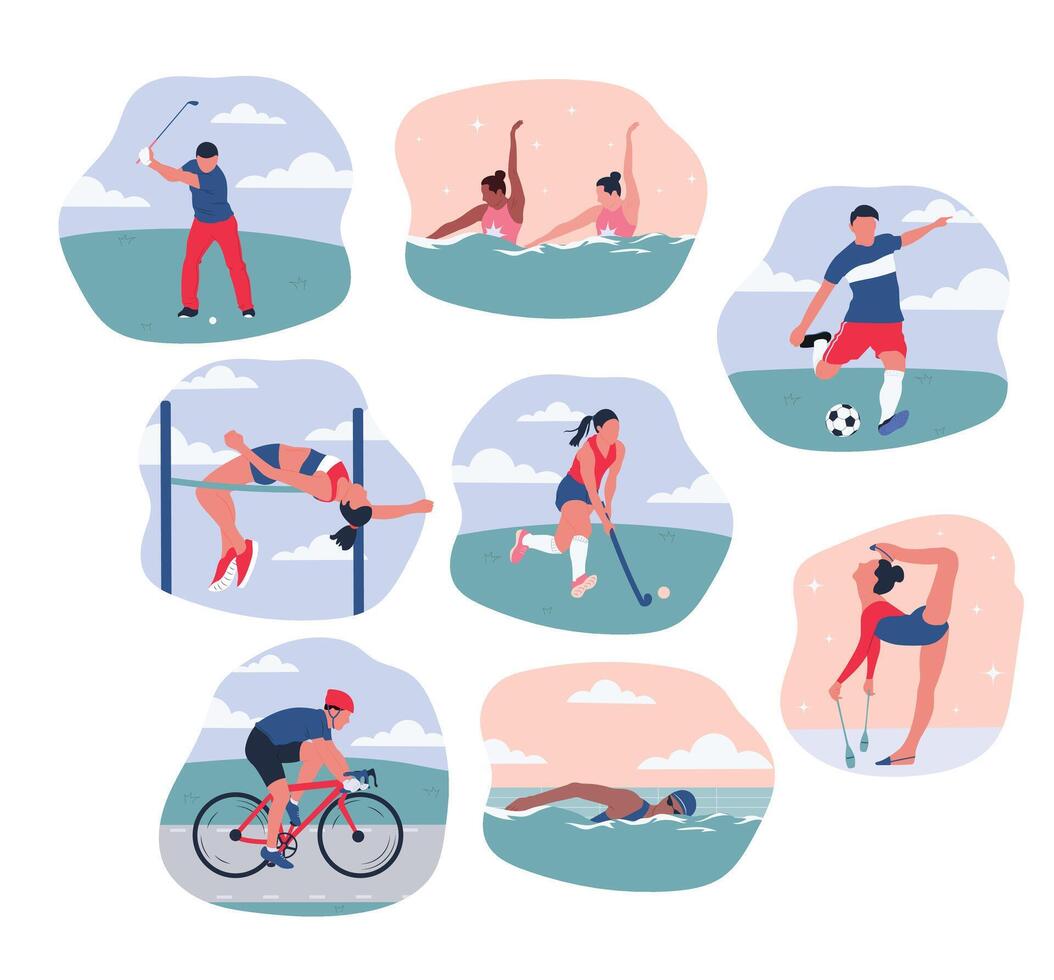 Athletes illustration isolated on white background. Different types of sport. Sport competition concept. Hobby for health. Cartoon design for poster, icon, card, logo, label, banner or sticker. vector