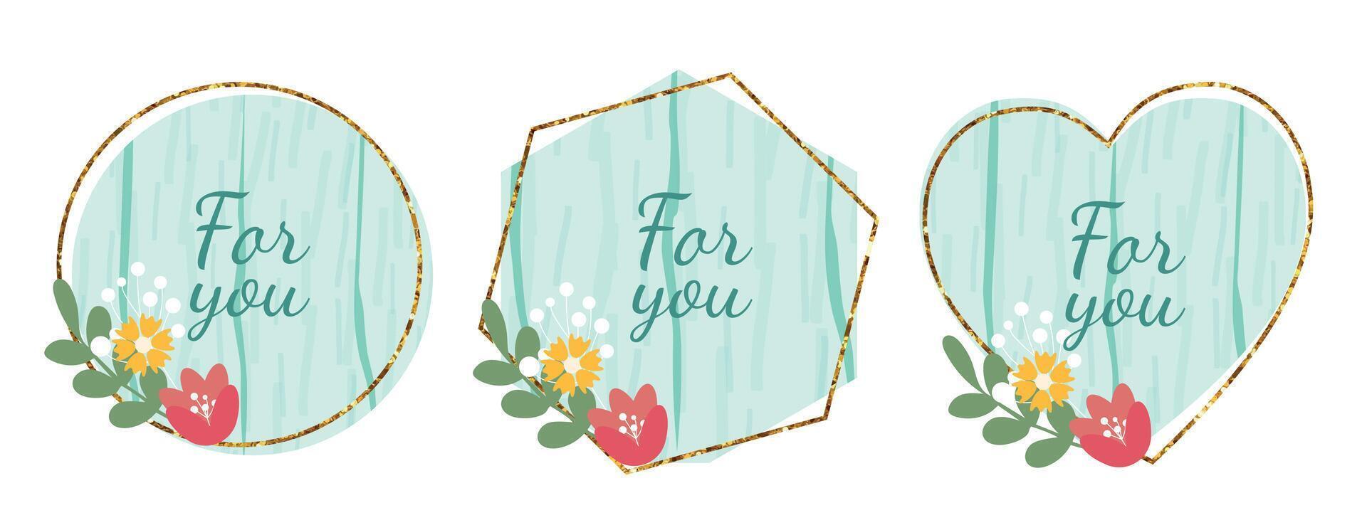 Wooden design elements set with flowers and text For You. light blue wood board, frame, badge, label, shield, signboard collection. Background with text. illustration. vector