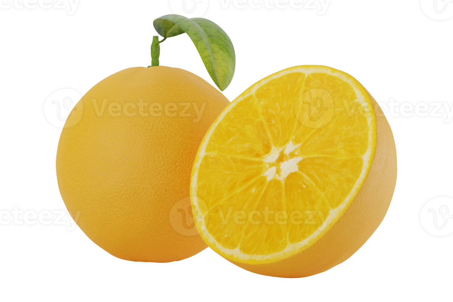 sweet and fresh whole and sliced oranges with leaf realistic 3d render illustration element composition cutout isolated background png
