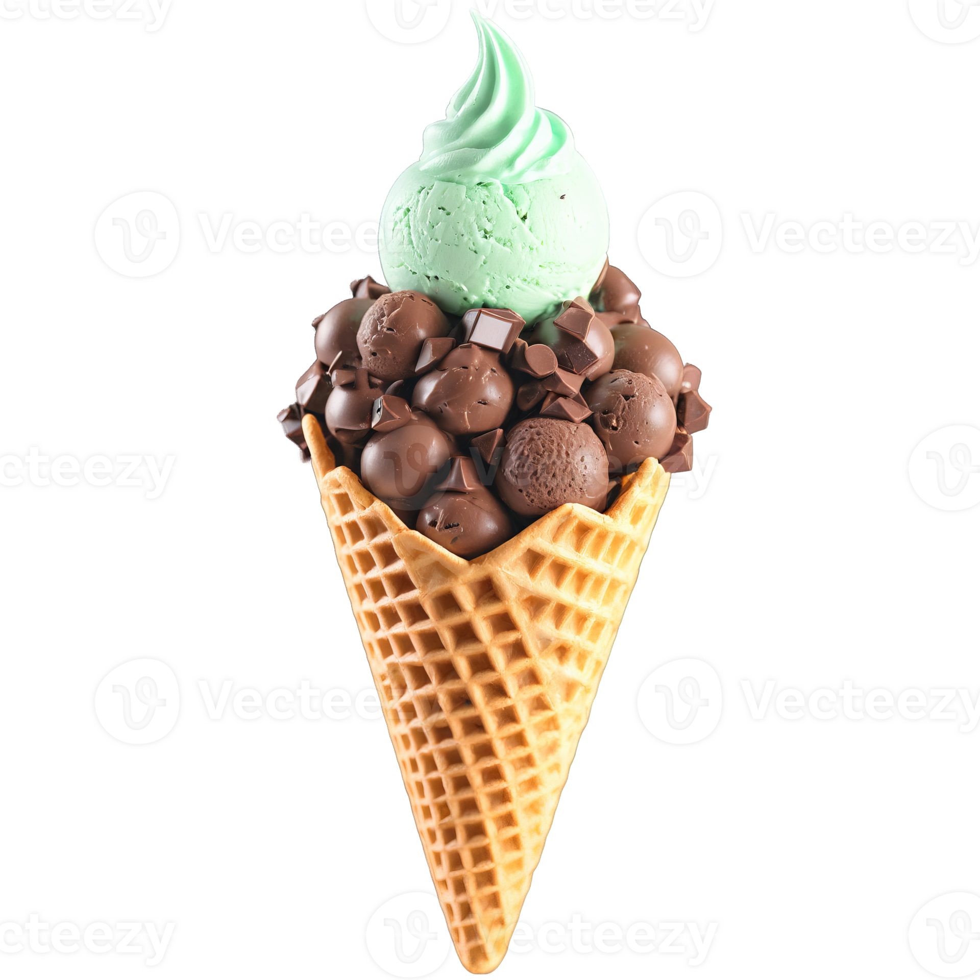 Mint chocolate chip ice cream cone with scoops of refreshing mint ice