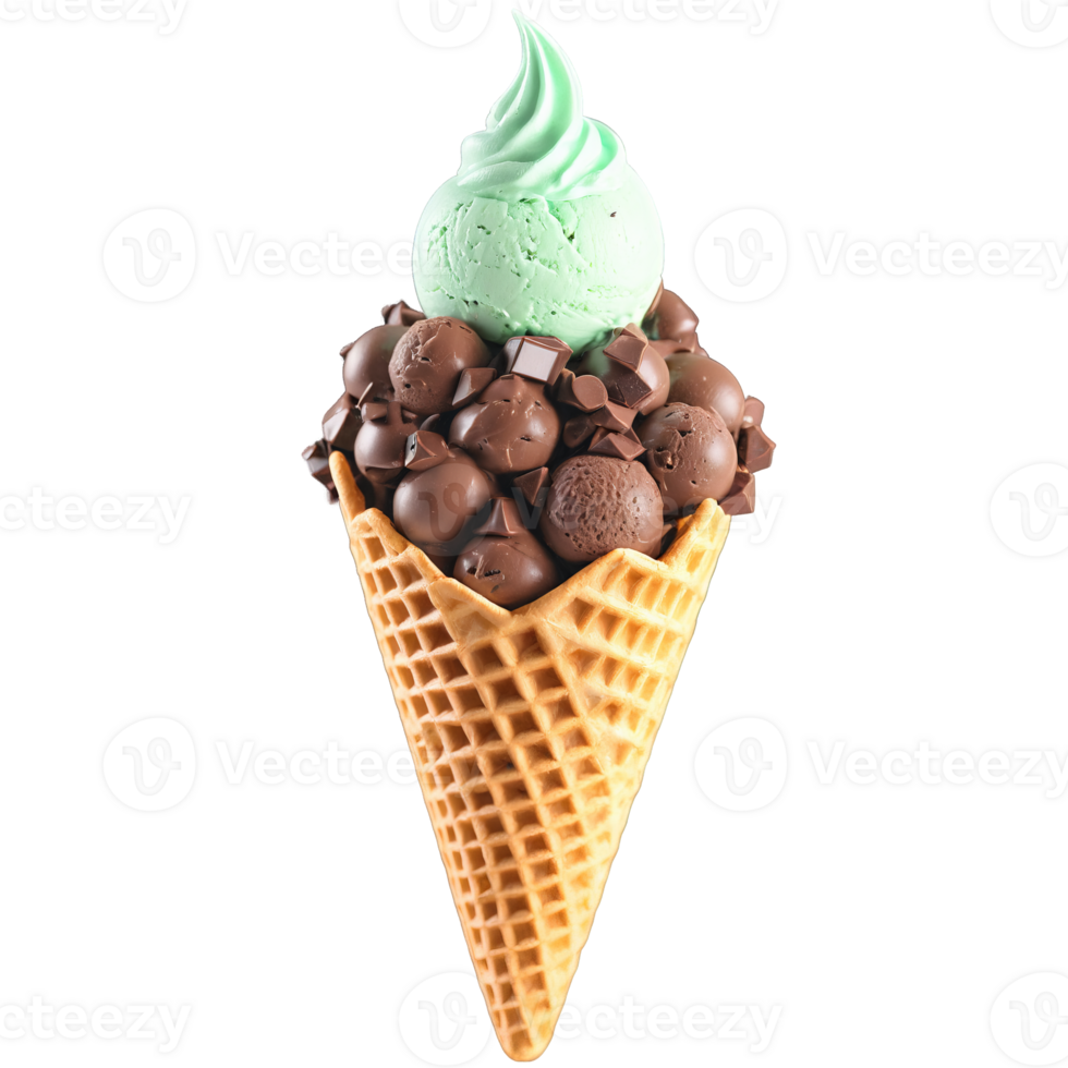 Mint chocolate chip ice cream cone with scoops of refreshing mint ice cream dark chocolate png