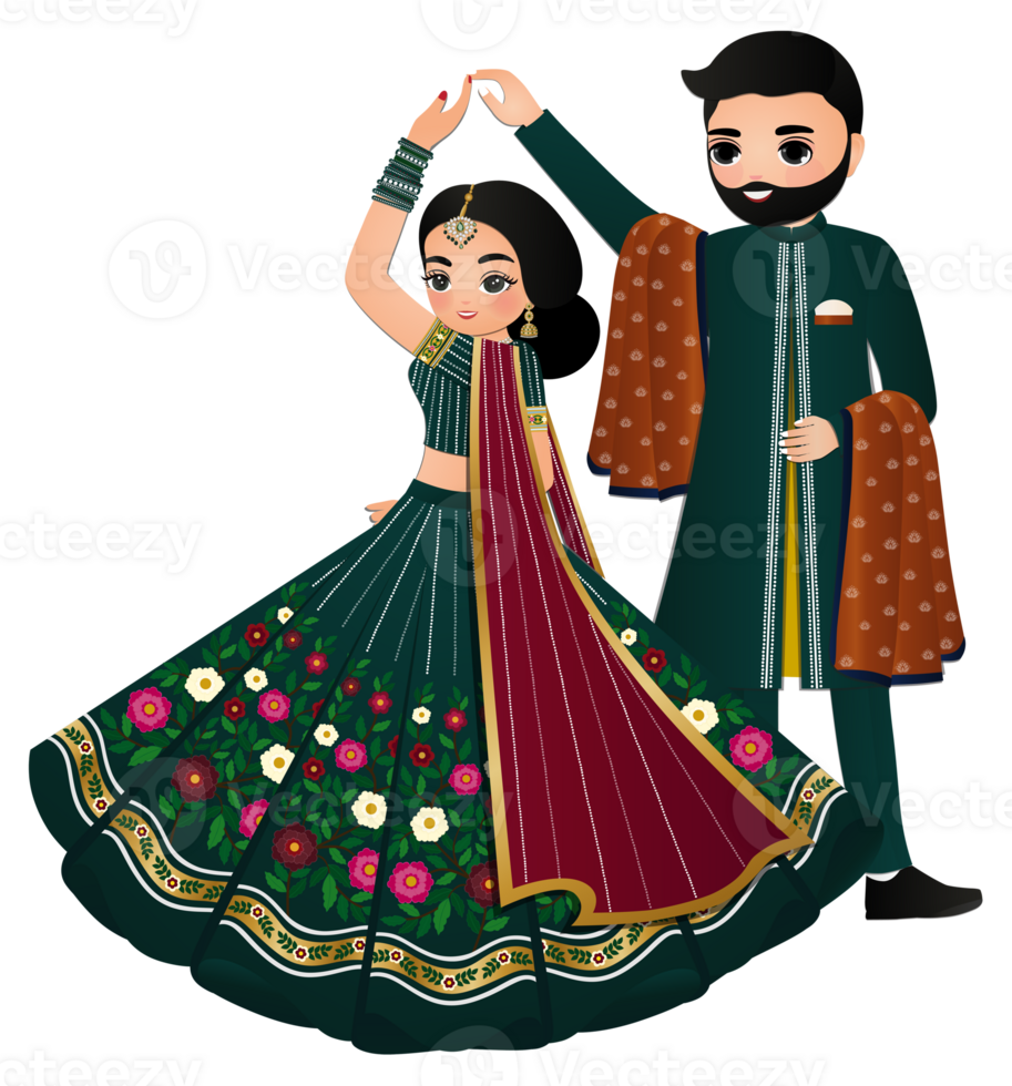 Cute couple dance in traditional indian dress cartoon characters bride and groom png