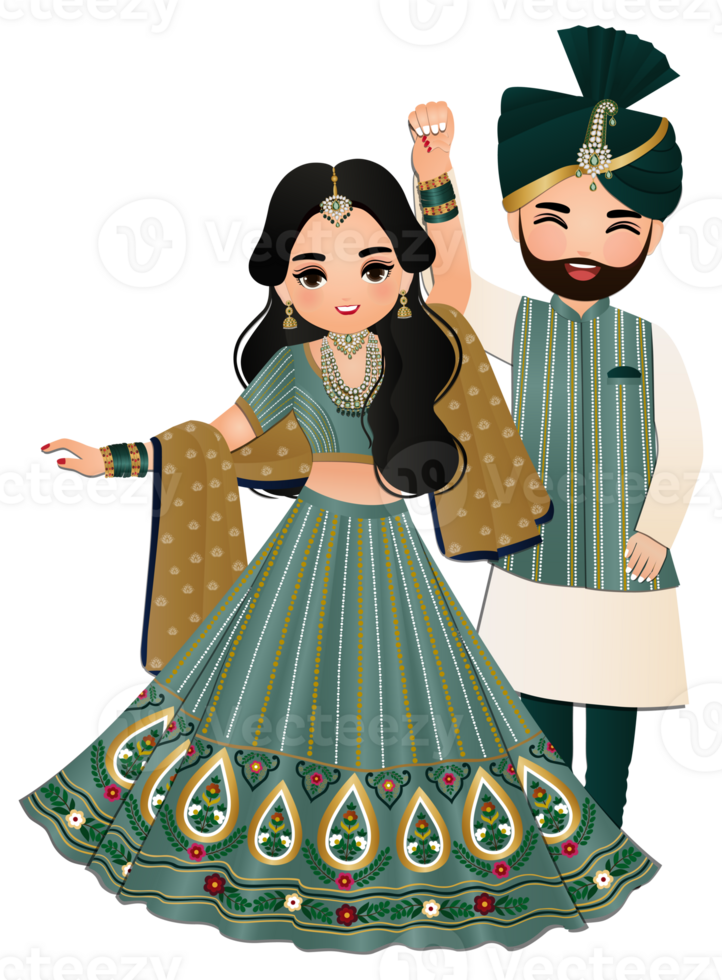 Cute couple dance in traditional indian dress cartoon characters bride and groom png