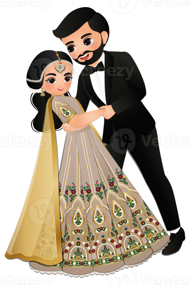 Cute couple dance in traditional indian dress cartoon characters bride and groom png