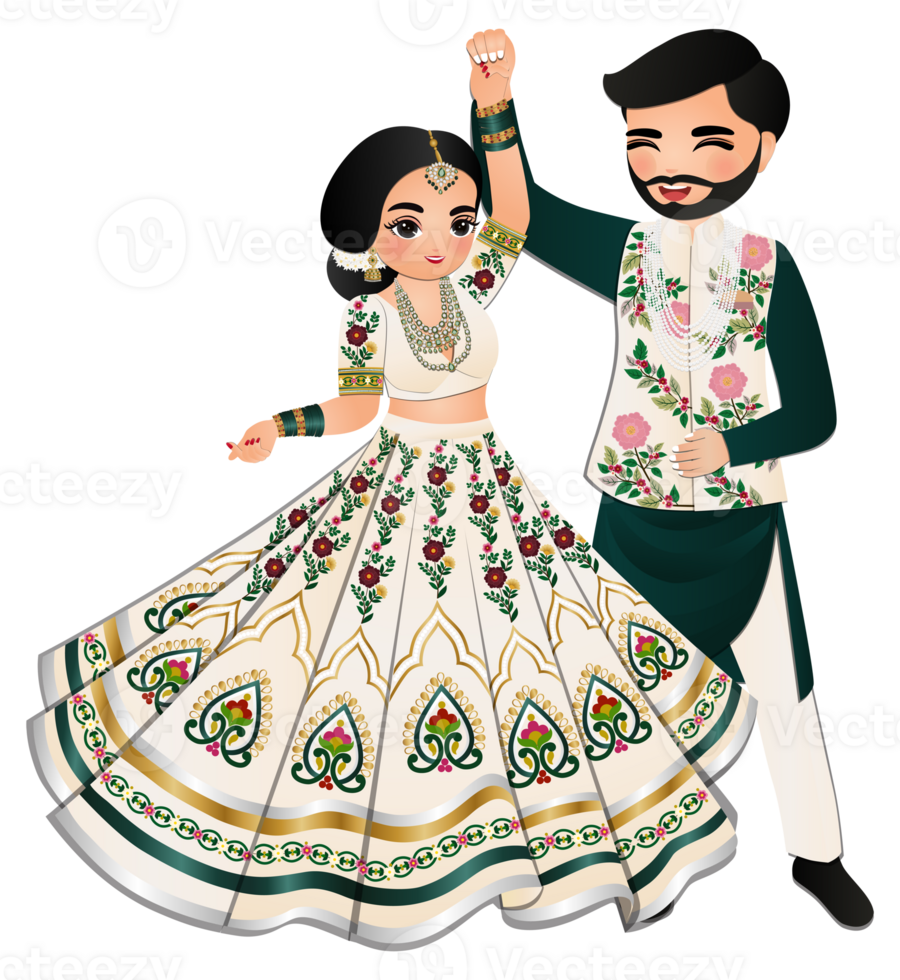 Cute couple dance in traditional indian dress cartoon characters bride and groom png