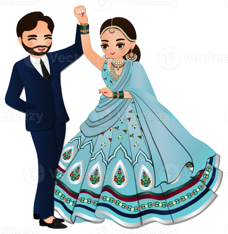 carino coppia danza nel tradizionale indiano vestito cartone animato personaggi sposa e sposo png