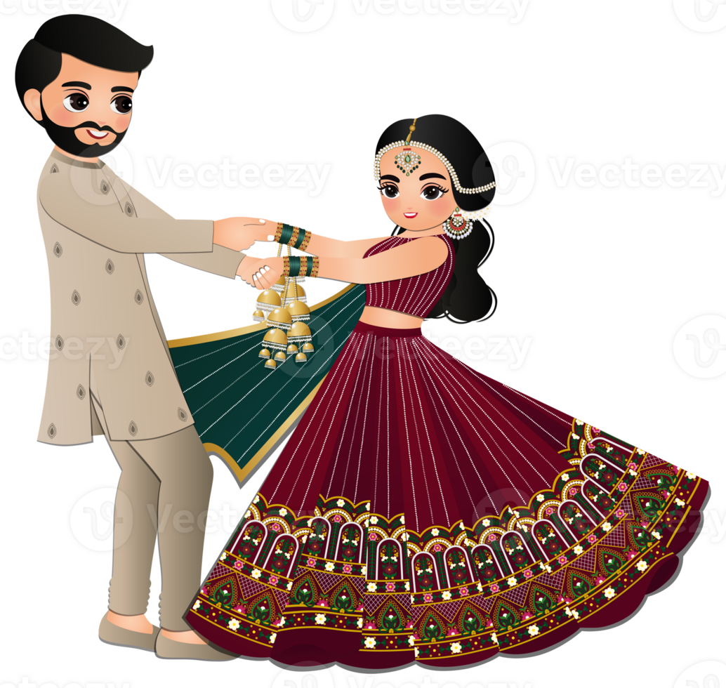 Cute couple dance in traditional indian dress cartoon characters bride and groom png