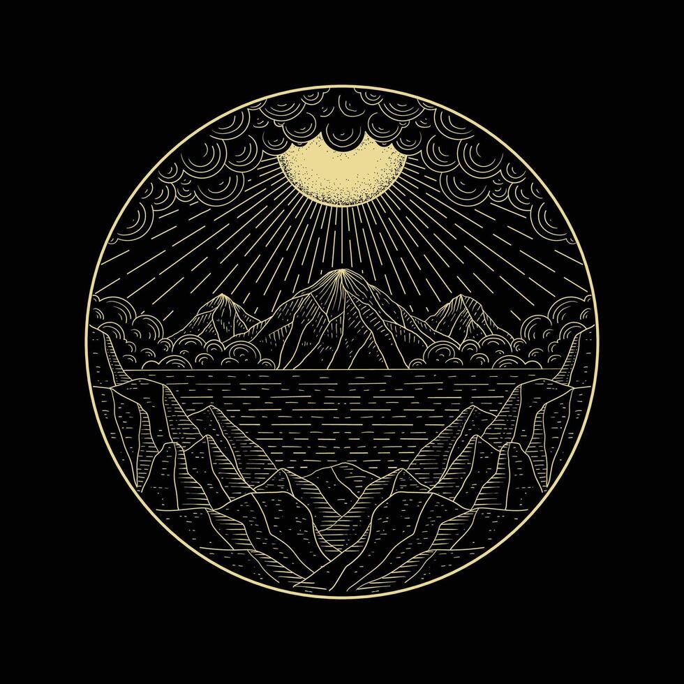 The landscape panorama of mountains at night illuminated by the moon vector
