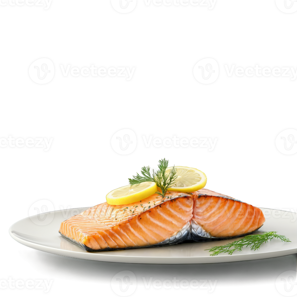 Pan seared salmon fillet crispy skin flaky flesh lemon butter sauce dill garnish Culinary and png