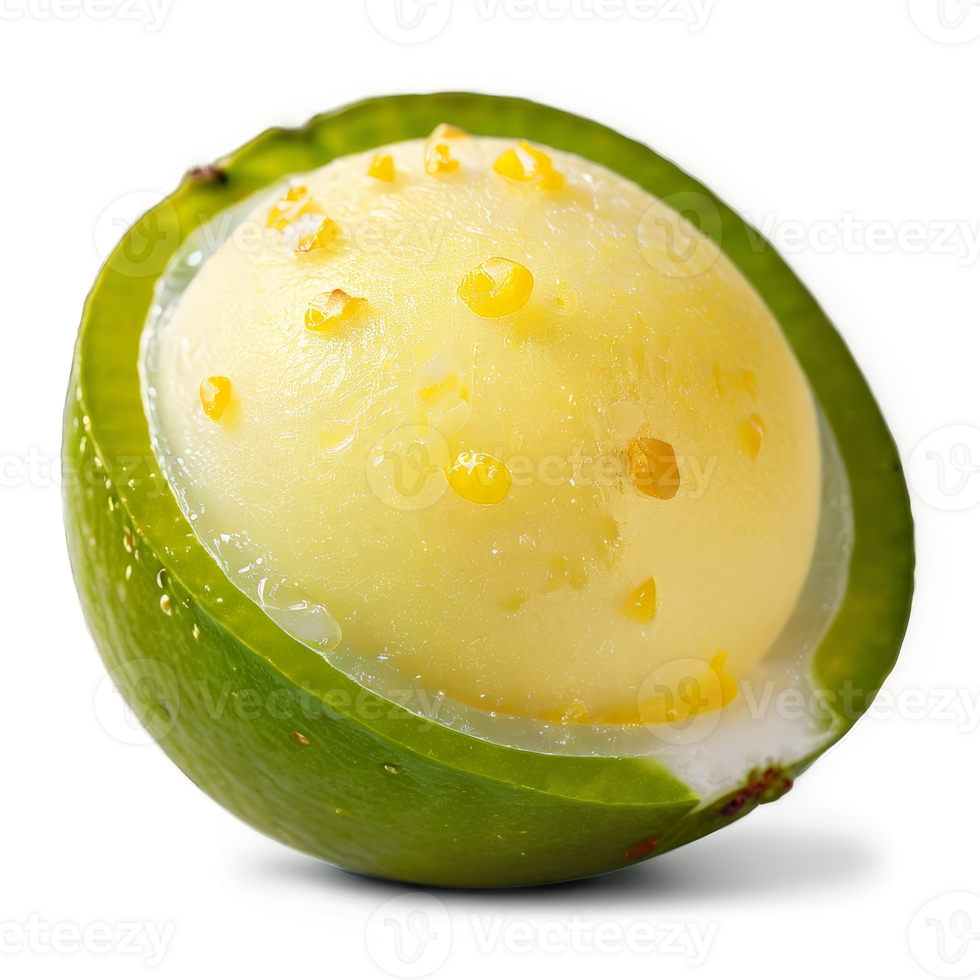 Mango chili lime sorbet vibrant yellow with specks of red chili served in a lime png