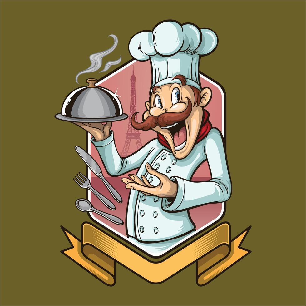 chef holding a tray with a dish and a knife vector