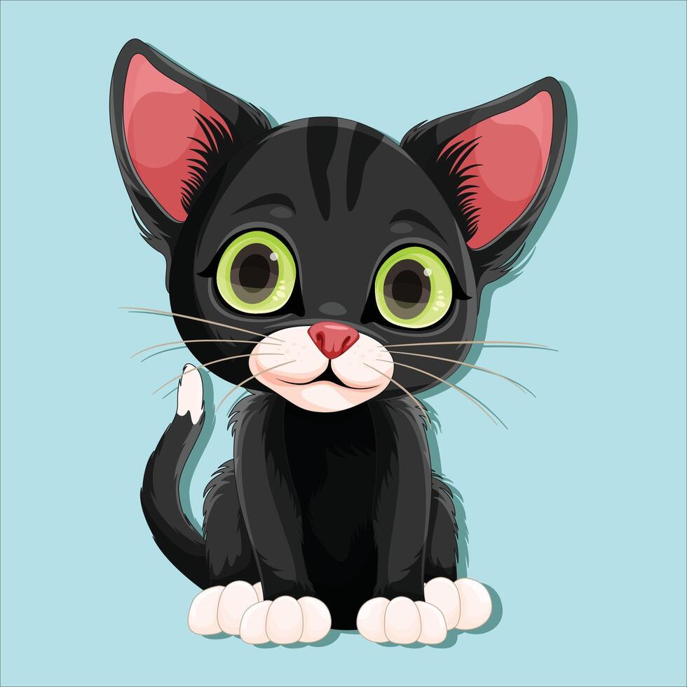 a cartoon black kitten with big eyes vector