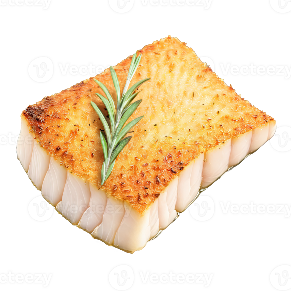 halibut fillet, pan-seared with a golden crust, accompanied by a sprig of fresh rosemary, delicates sea food, isolated on transparent background png