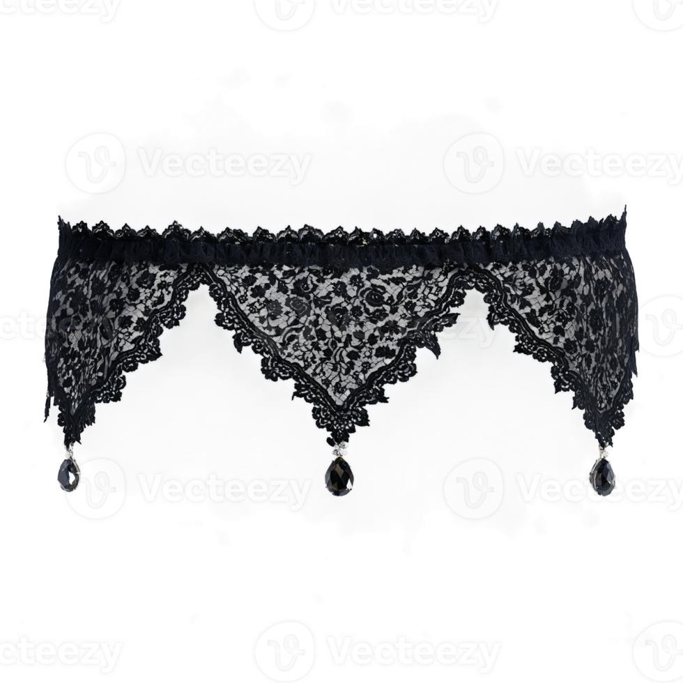 Lacy Lux black lace garter belt with scalloped edges and crystal charms on dappled lighting png