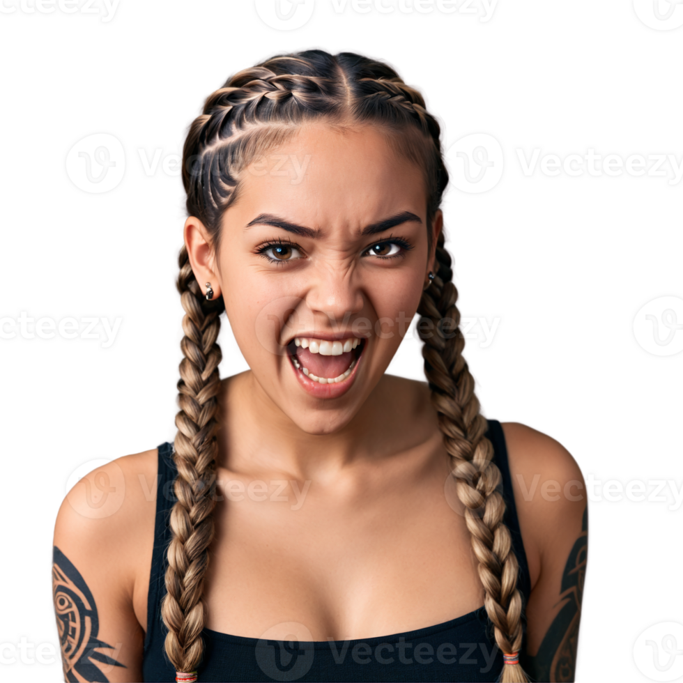 Young woman with half up braids and tribal tattoo cute face squinting eyes screaming mouth. Essence of diverse femininity. png