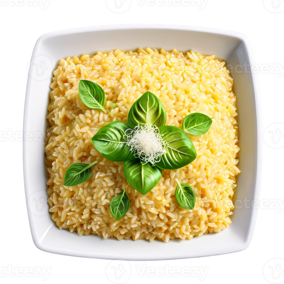 A flavorful and aromatic risotto in a square glass dish, garnished with fresh Parmesan cheese and served png