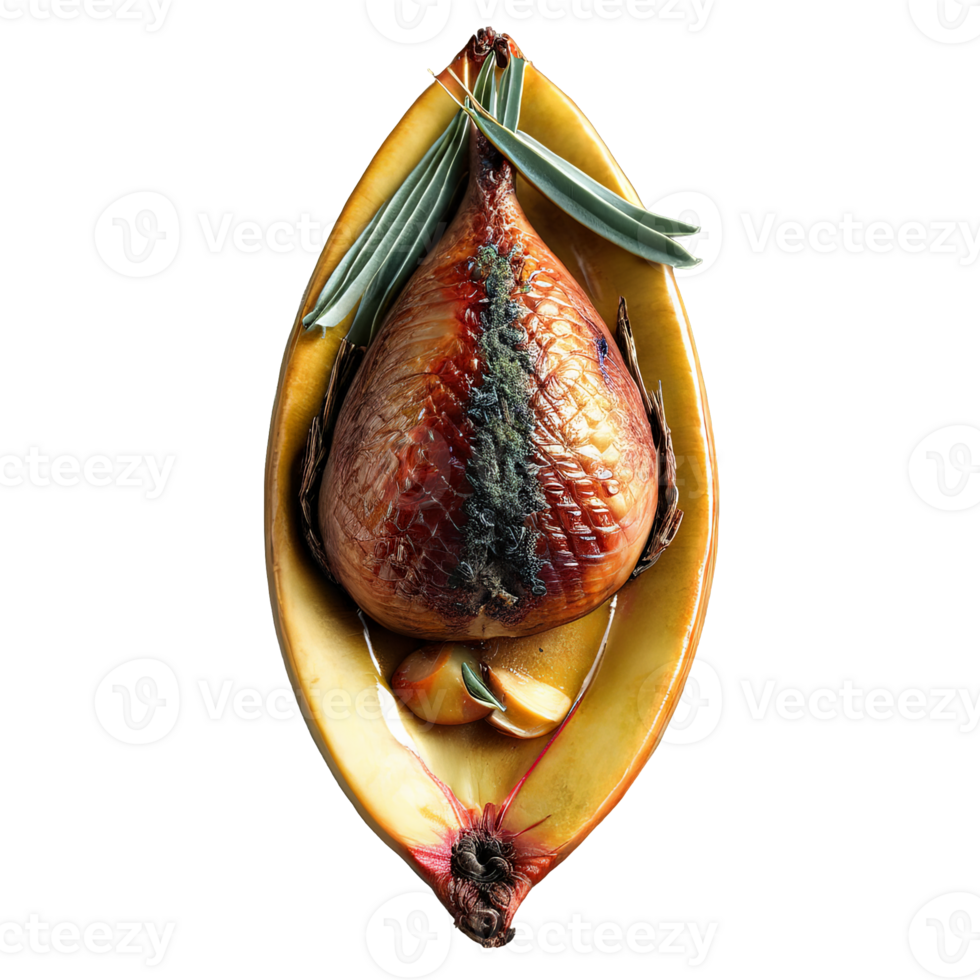roasted teal, stuffed with apples and onions and garnished with fresh sage, png