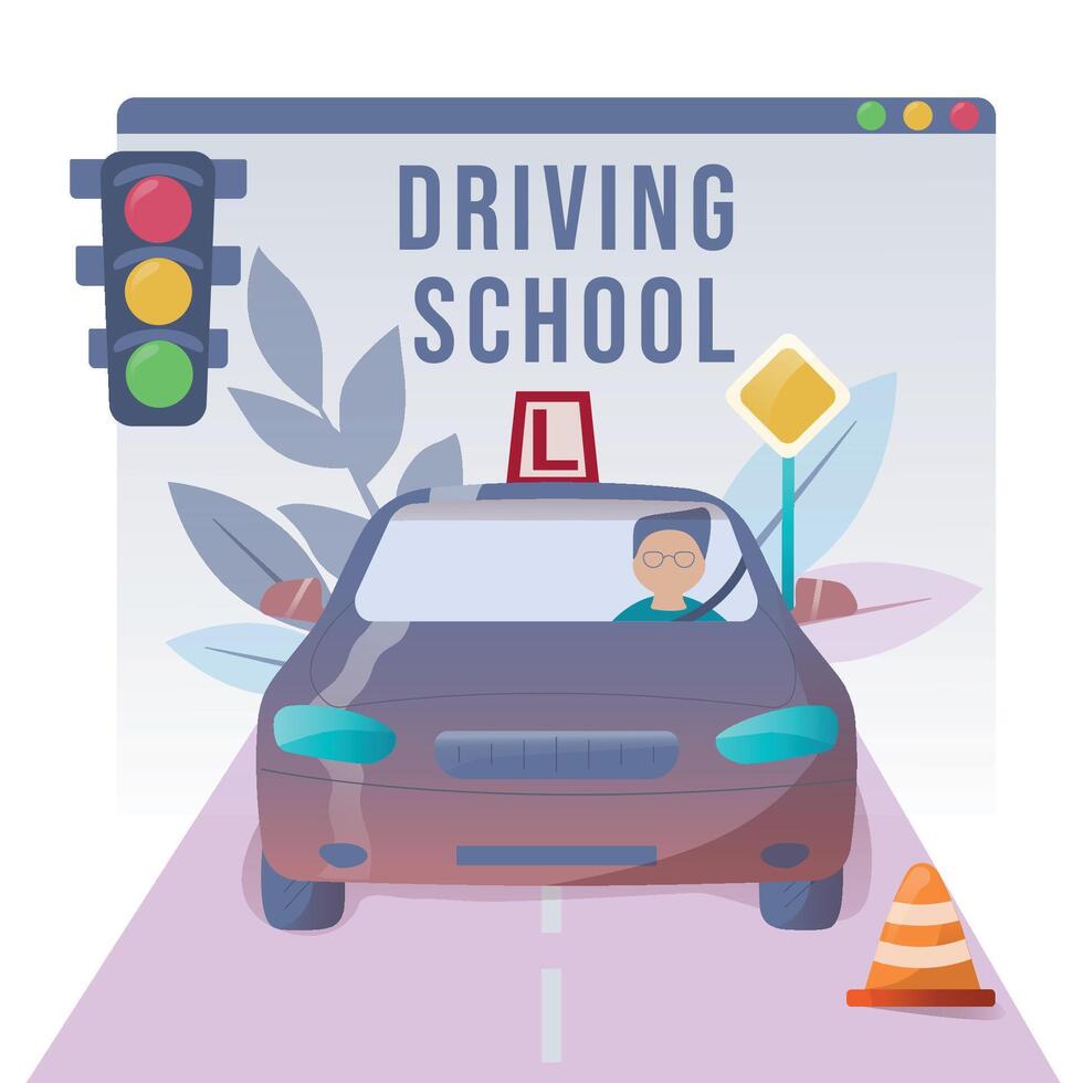 Driving lesson. People studying in driving school and passing exams. Traffic rules. Road signs. Education and drive lesson. Modern flat style. illustration on white background vector