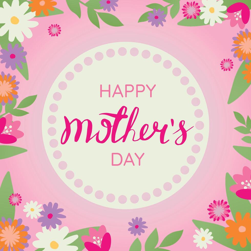 Happy mothers day greeting card with blossom flowers. Card with flowers and leaves on pink background with space for text and lettering. vector