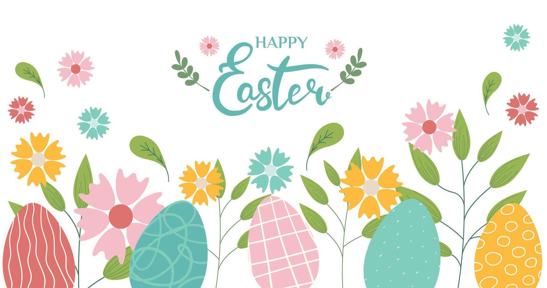 Colorful easter eggs with flowers and leaves at bottom of picture on white background. Happy Easter lettering. Cute hand drawn pattern design for Easter festival in illustration. vector