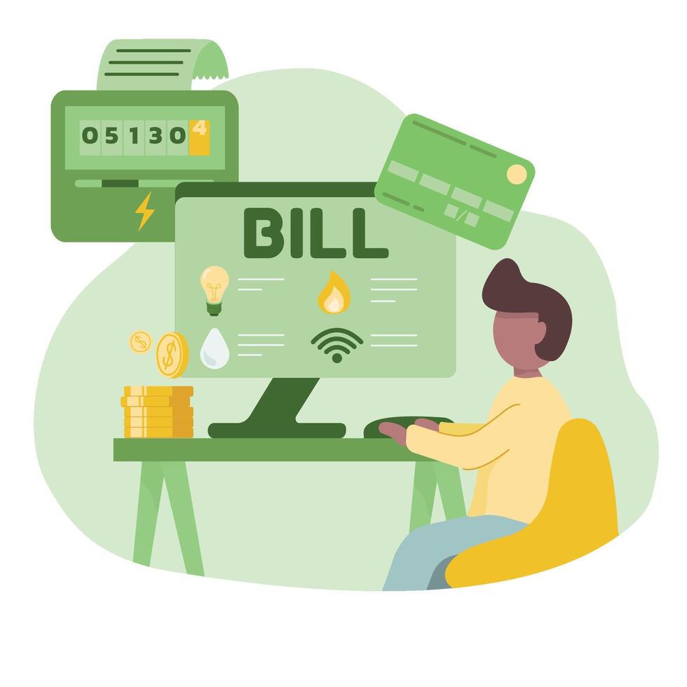 Sustainability illustration in flat style. Energy efficiency in household and industry. Person checks heating meter and pays household utility bill on website. Home energy efficiency audit concept. vector