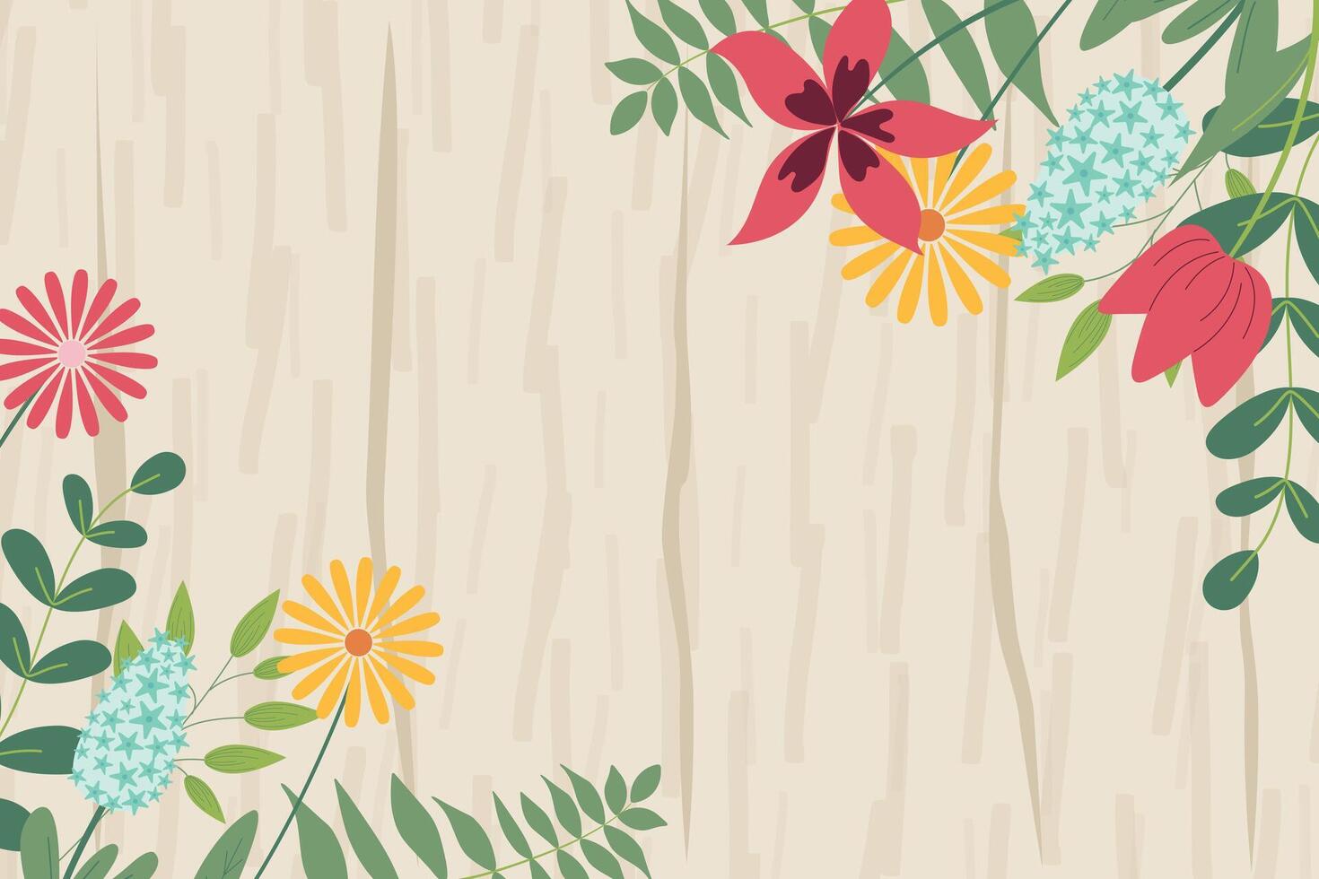 Hand sketched background, illustration. Borders with leaves and flowers on corners for greeting card, invitation template on wooden background. Retro, vintage banner, poster, background. vector