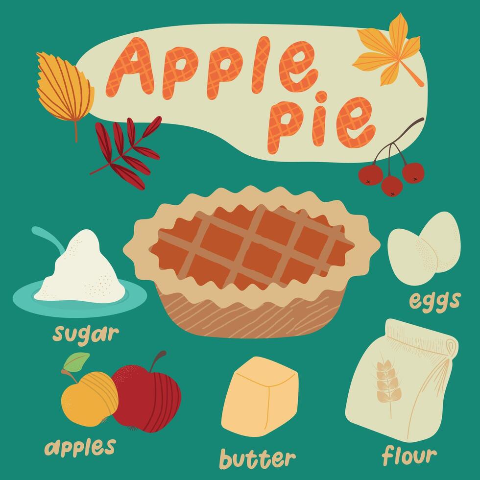 Homemade apple pie hand drawn recipe. Print for design of the menu of restaurants and shops. Set of products for traditional apple pie. illustration in cartoon style. vector