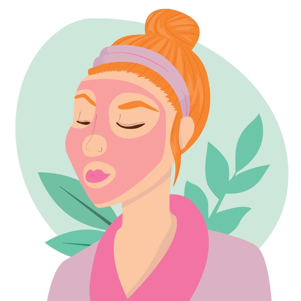 belleza niña tomar cuidado de su cara y utilizar facial sábana mascarilla. adorable mujer haciendo protección de la piel procedimientos. piel cuidado rutina, higiene y hidratante concepto. plano dibujos animados ilustración. vector