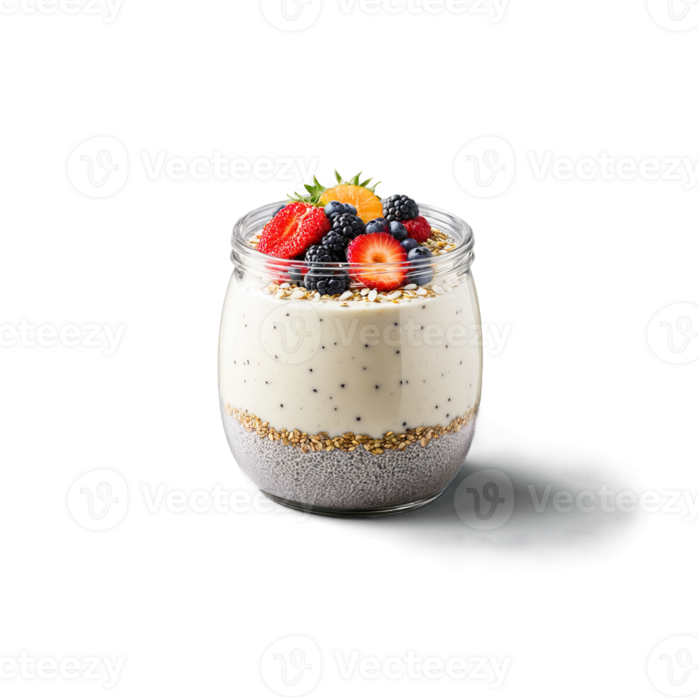 Chia pudding jar small and filled with creamy white chia seed pudding one empty and png