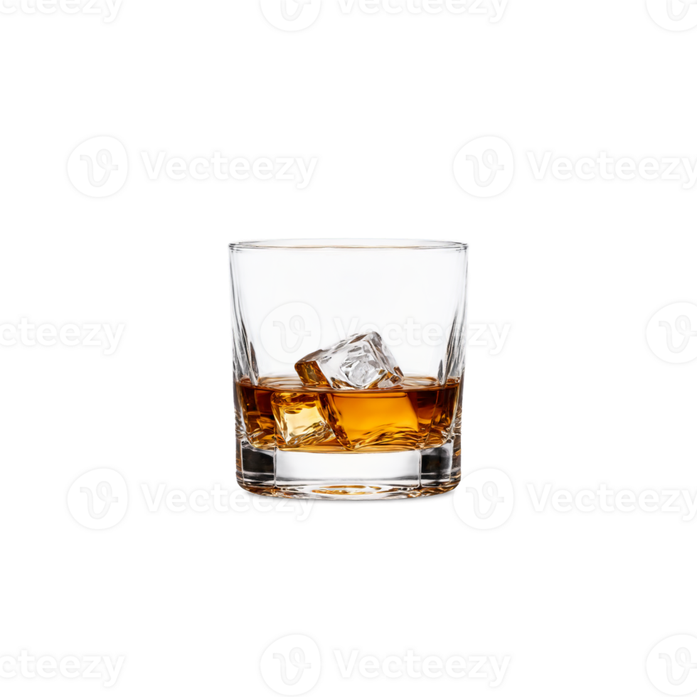 Whiskey glass short and stout with a heavy base one empty and one filled with png