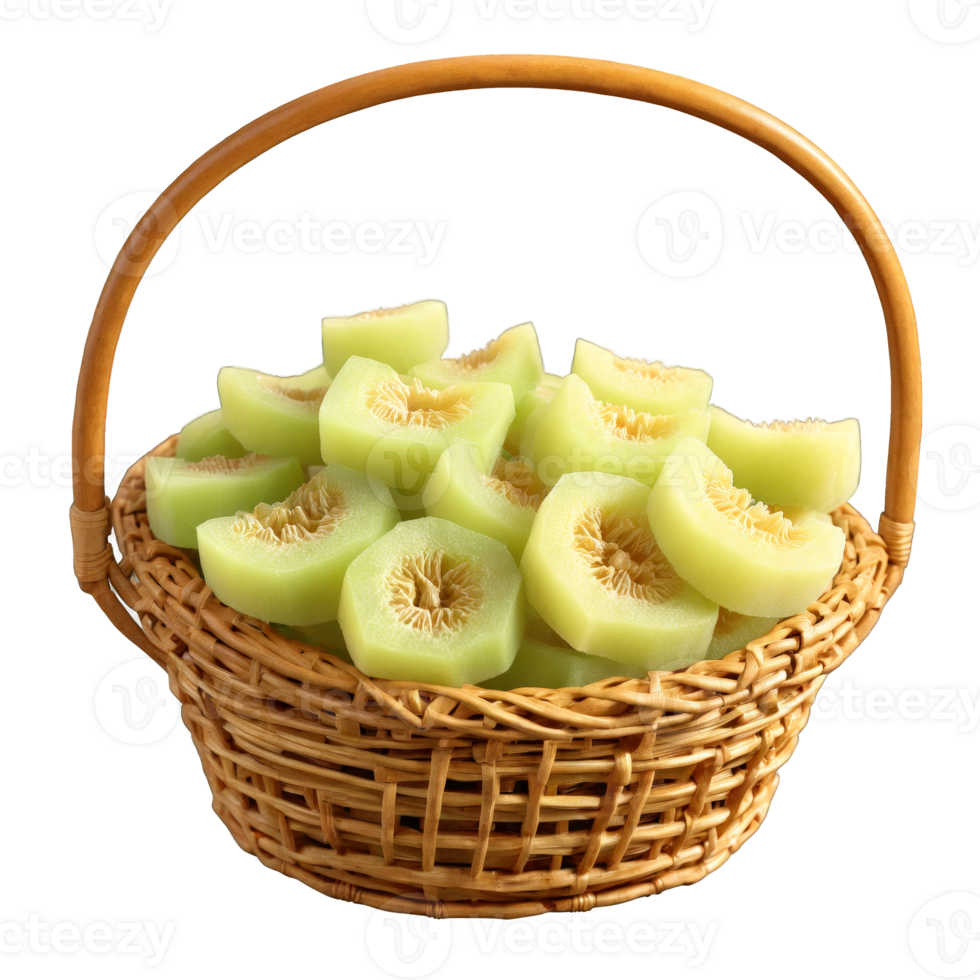Dried honeydew melon pieces in a sophisticated wicker basket light green with a matte finish png