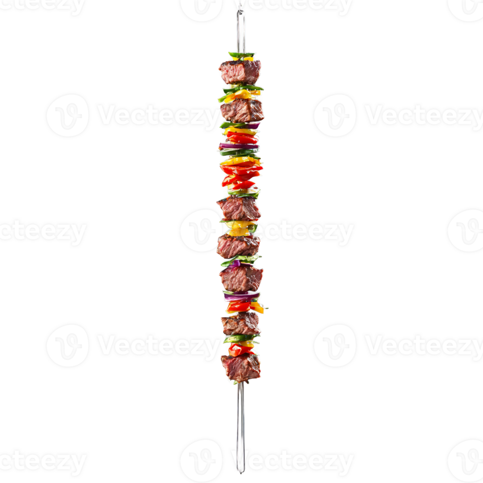 Kebab with marinated meat vegetables suspended on skewer and steaming Food and culinary concept png