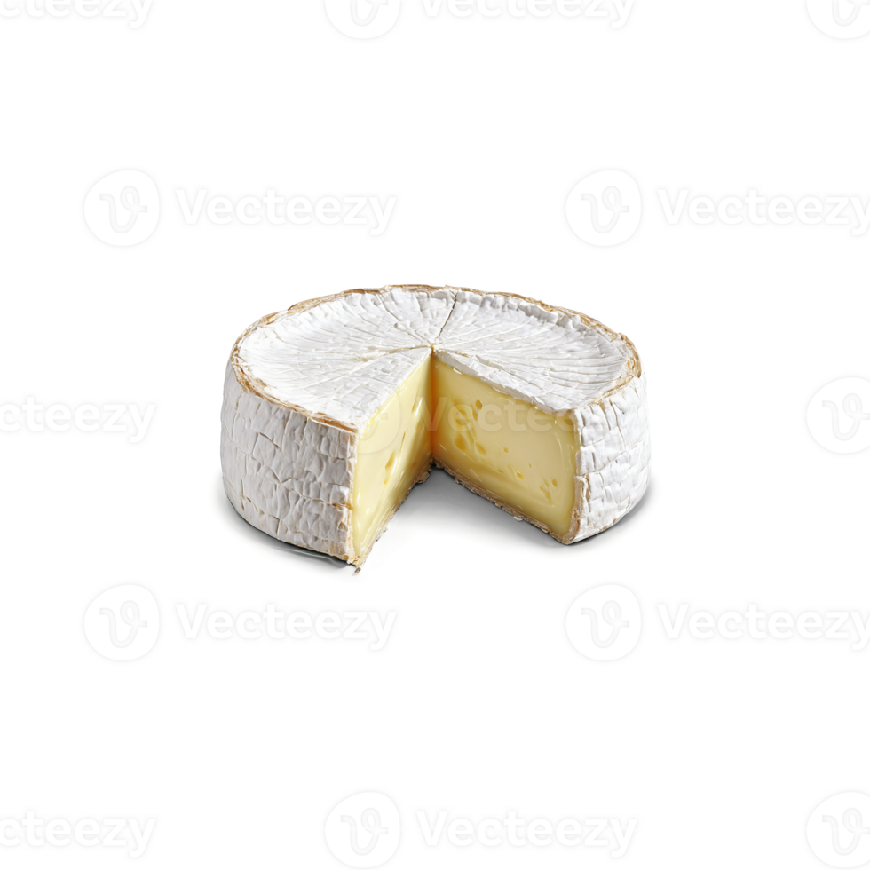 Camembert cheese wheel with cut wedge and gooey center oozing out Food and culinary concept png