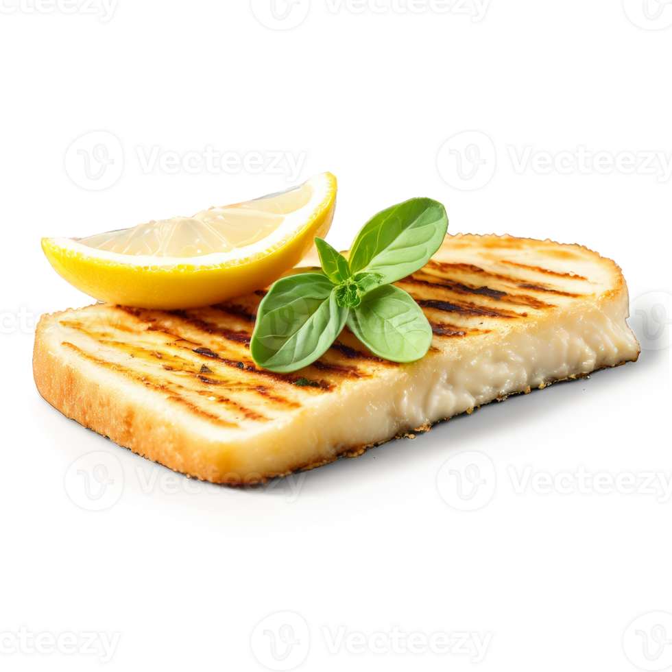 Grilled halloumi cheese slices with golden crust lemon wedge and oregano sprigs isolated Summer freshness png
