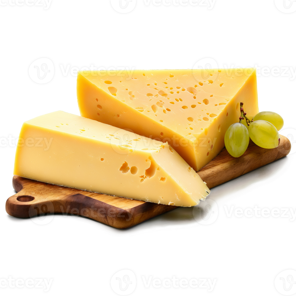 Aged Cheddar cheese sharp wedge cut served on rustic wooden board garnished with fresh grapes png