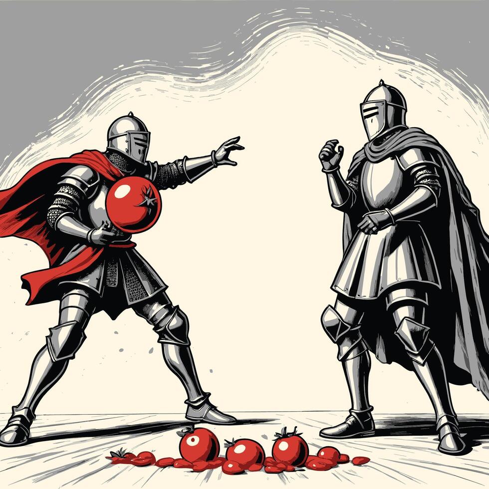 Two Knights Fighting and Wearing Medieval Armor Engraved Line vector