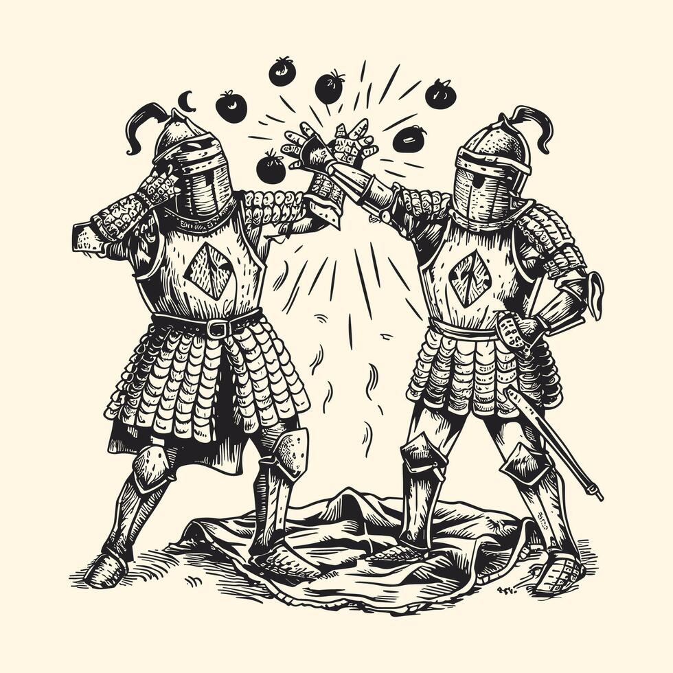 dos Caballero luchando y vistiendo medieval Caballero armadura grabado línea vector