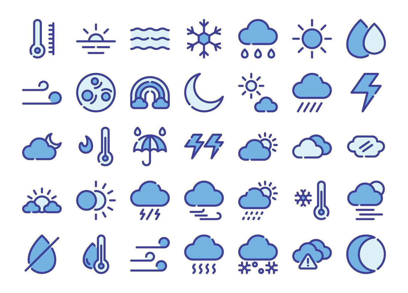 Weather blue - color outline icons set. The collection includes in business, UI UX, social media and website. vector
