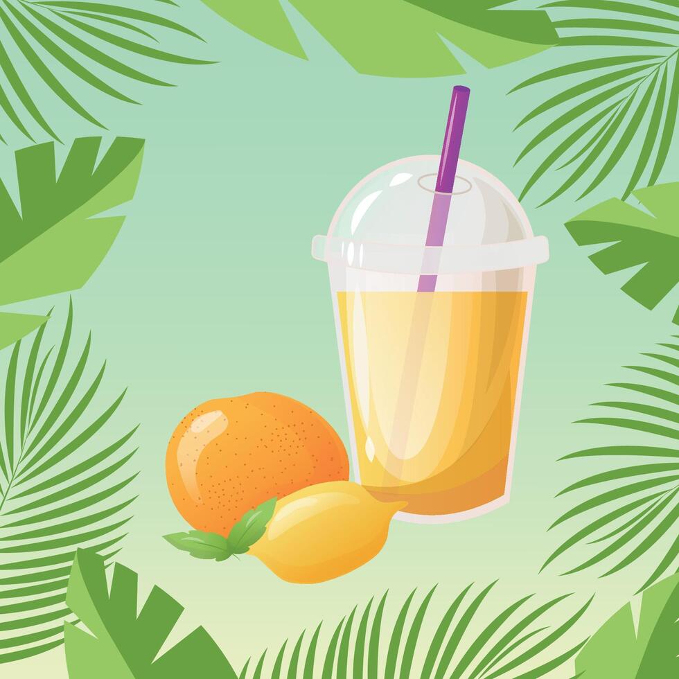 agrios jugo o cóctel en el plastico taza con esfera Hazme gorra y cóctel tubo. Fresco exprimido jugo. sano orgánico alimento. ilustración en degradado antecedentes y marco con tropical hojas. vector