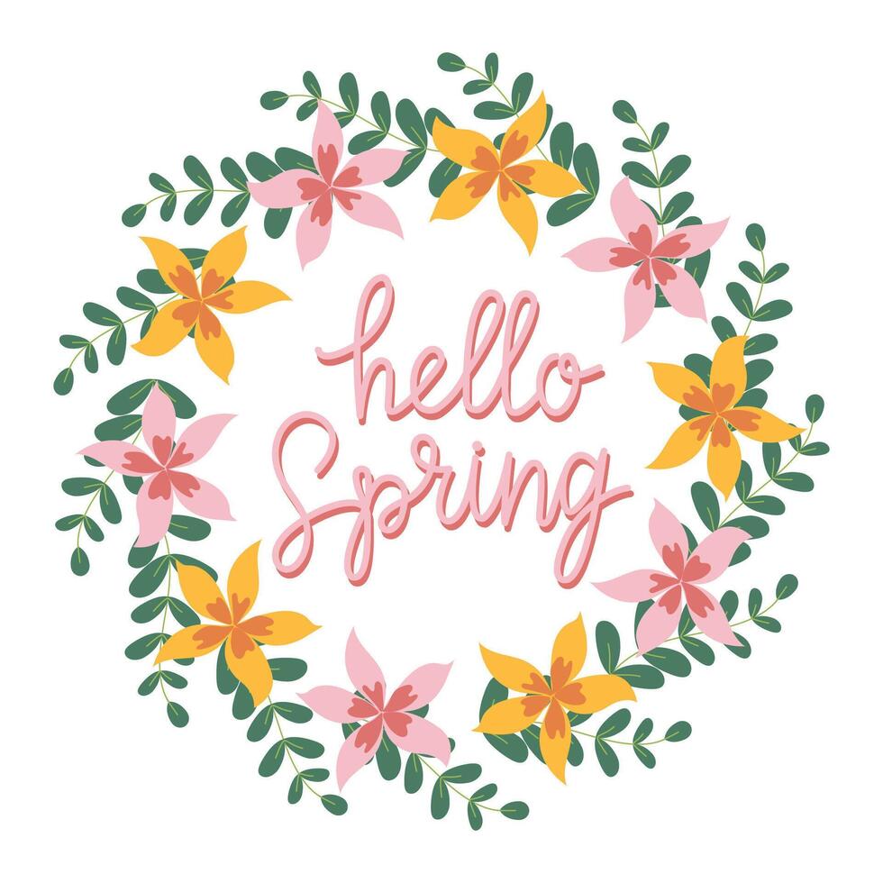 mano dibujado letras Hola primavera tarjeta con decorativo floral marco, ilustración para saludo tarjeta, invitación modelo. retro, Clásico letras bandera, póster, antecedentes. vector