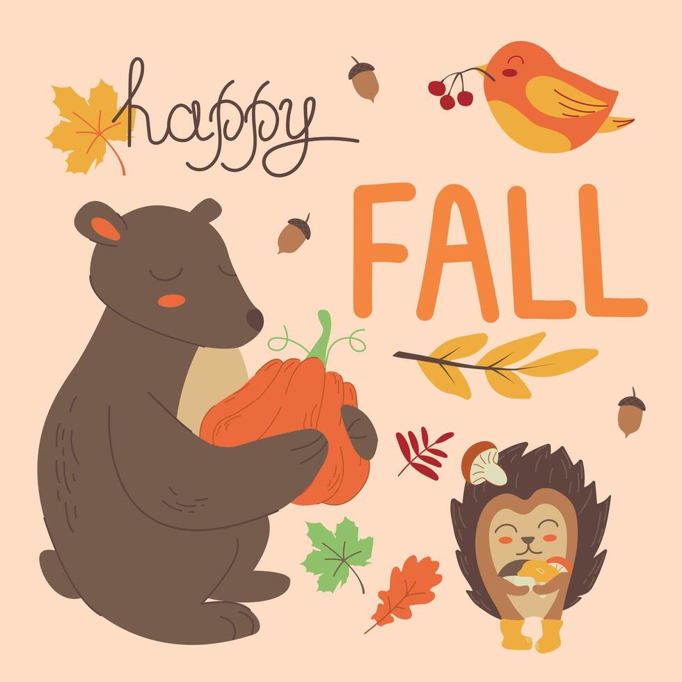 autumn background with cute bear, bird and hedgehog, falling leaves, branches and text Happy Fall in flat style. Childish natural background with cartoon characters. vector