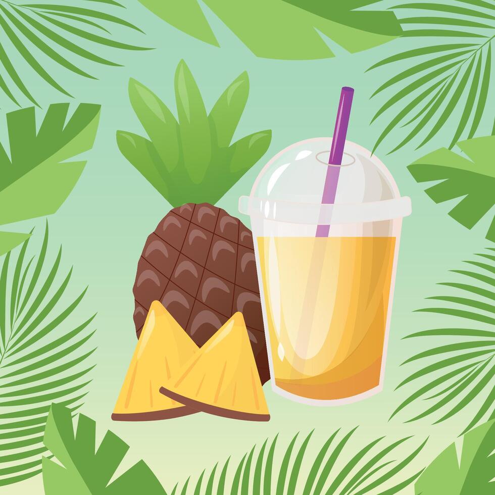 piña jugo o cóctel en el plastico taza con esfera Hazme gorra y cóctel tubo. Fresco exprimido jugo. sano orgánico alimento. ilustración en degradado fondo, marco con tropical hojas. vector